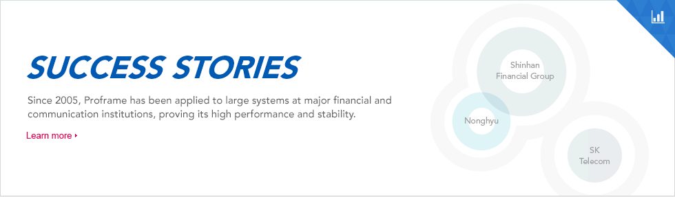 Since 2005, Proframe has been applied to large systems at major financial and 
communication institutions, proving its high performance and stability. 